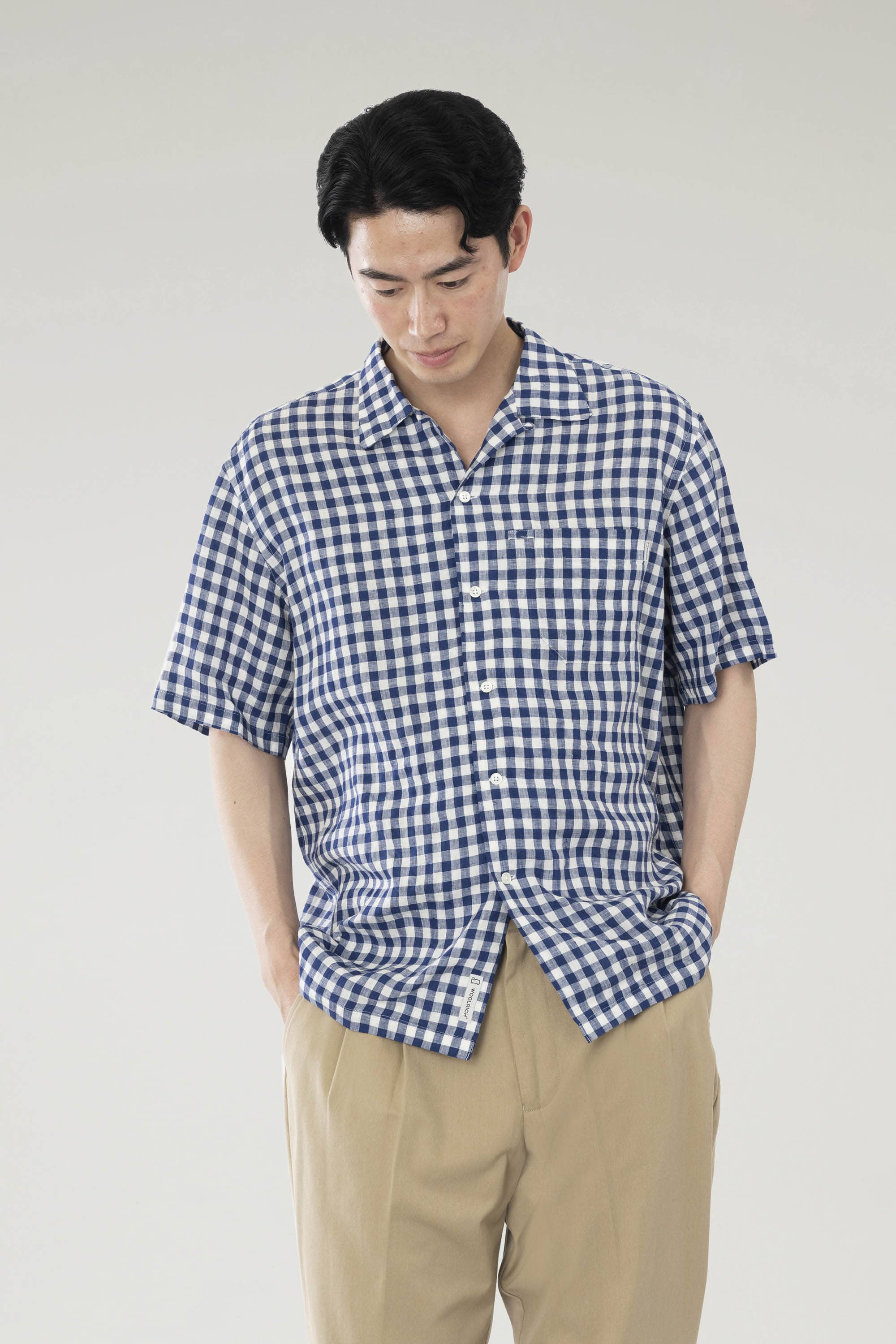SHORT SLEEVE GINGHAM CHECK OPEN COLLAR SHIRT