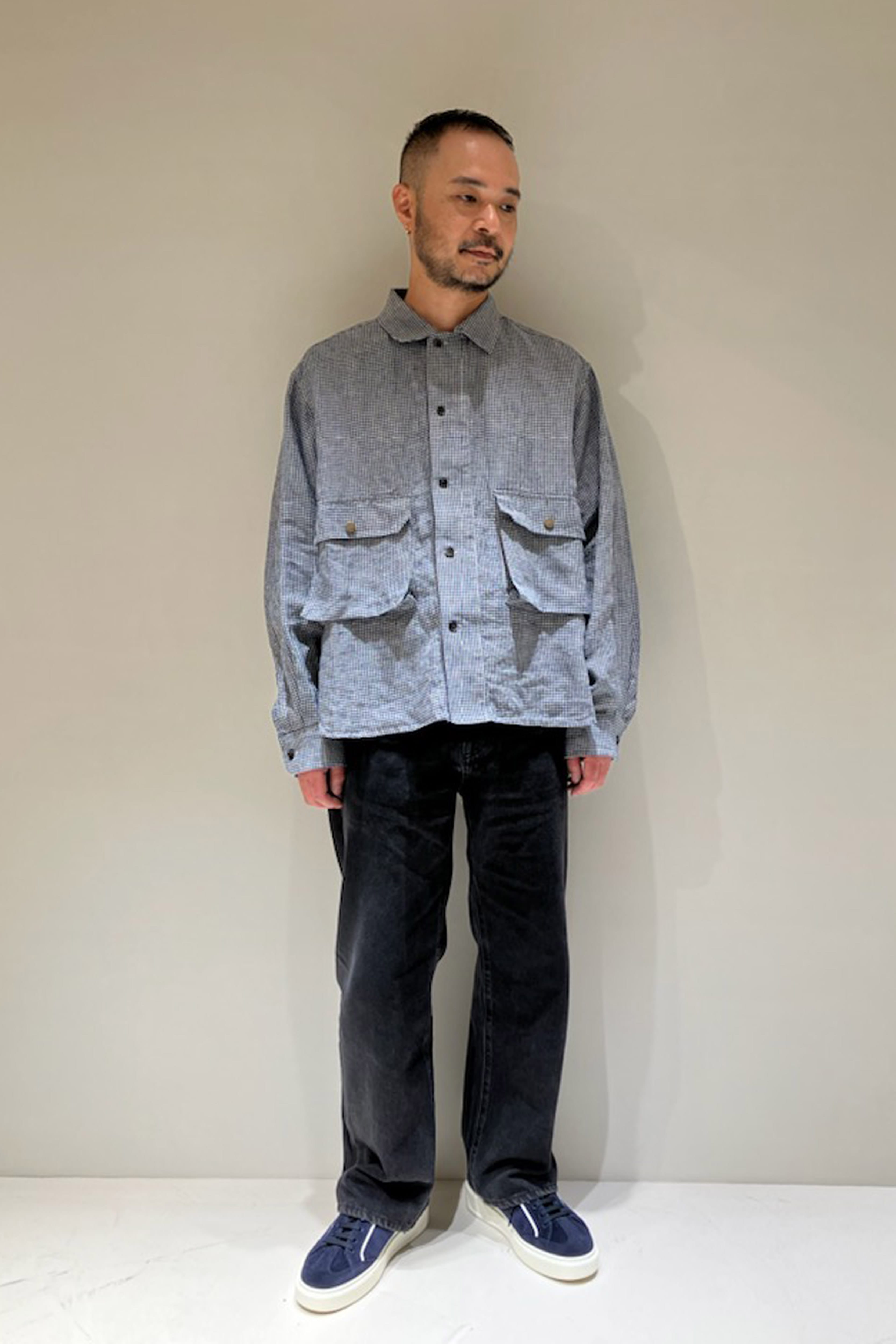 LINEN CAMP COLLAR CHECK SHIRT